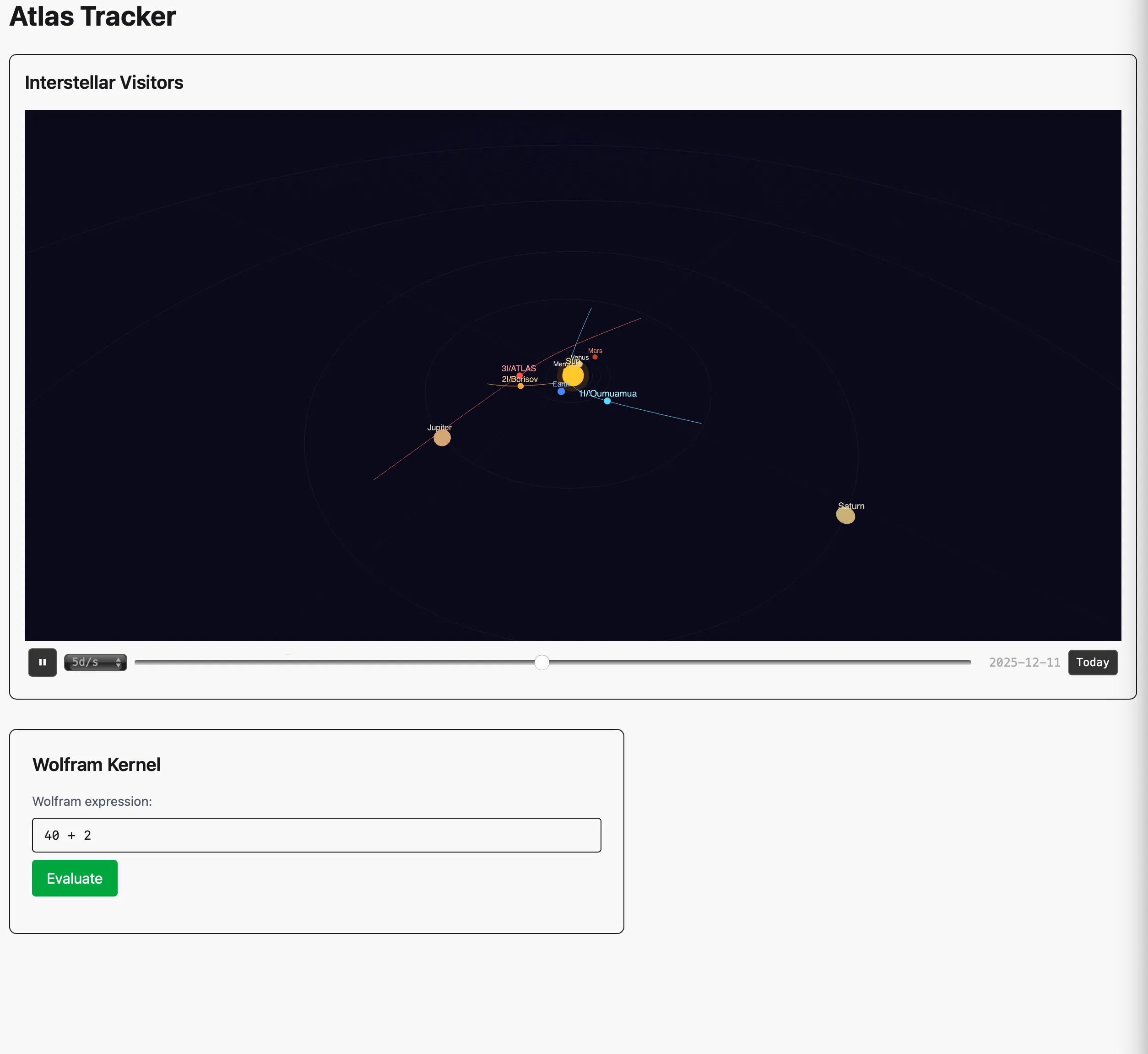 Atlas Tracker showing three interstellar trajectories cutting through the solar system, with planets on Keplerian orbits and a time slider for synchronized replay